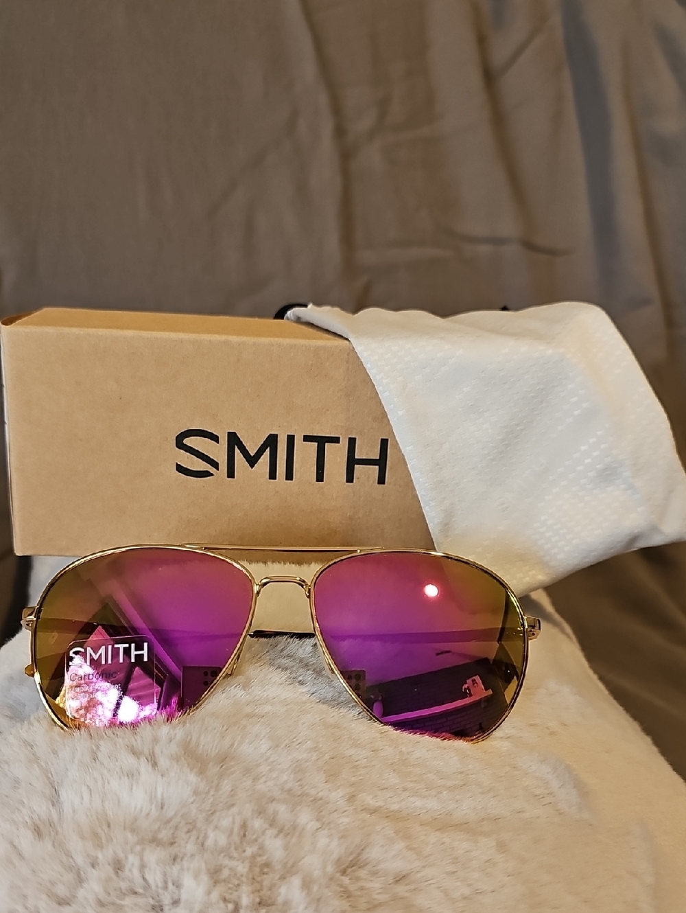 NWT SMITH Layback Rose Gold Aviator Sunglasses with Pink/Purple Mirrored Lenses